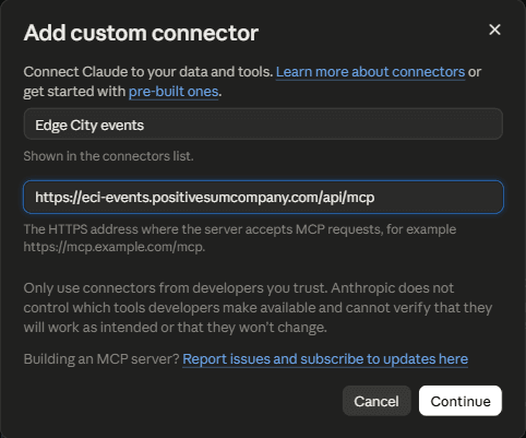 Claude's Add custom connector dialog with the name Edge City events and the server URL filled in